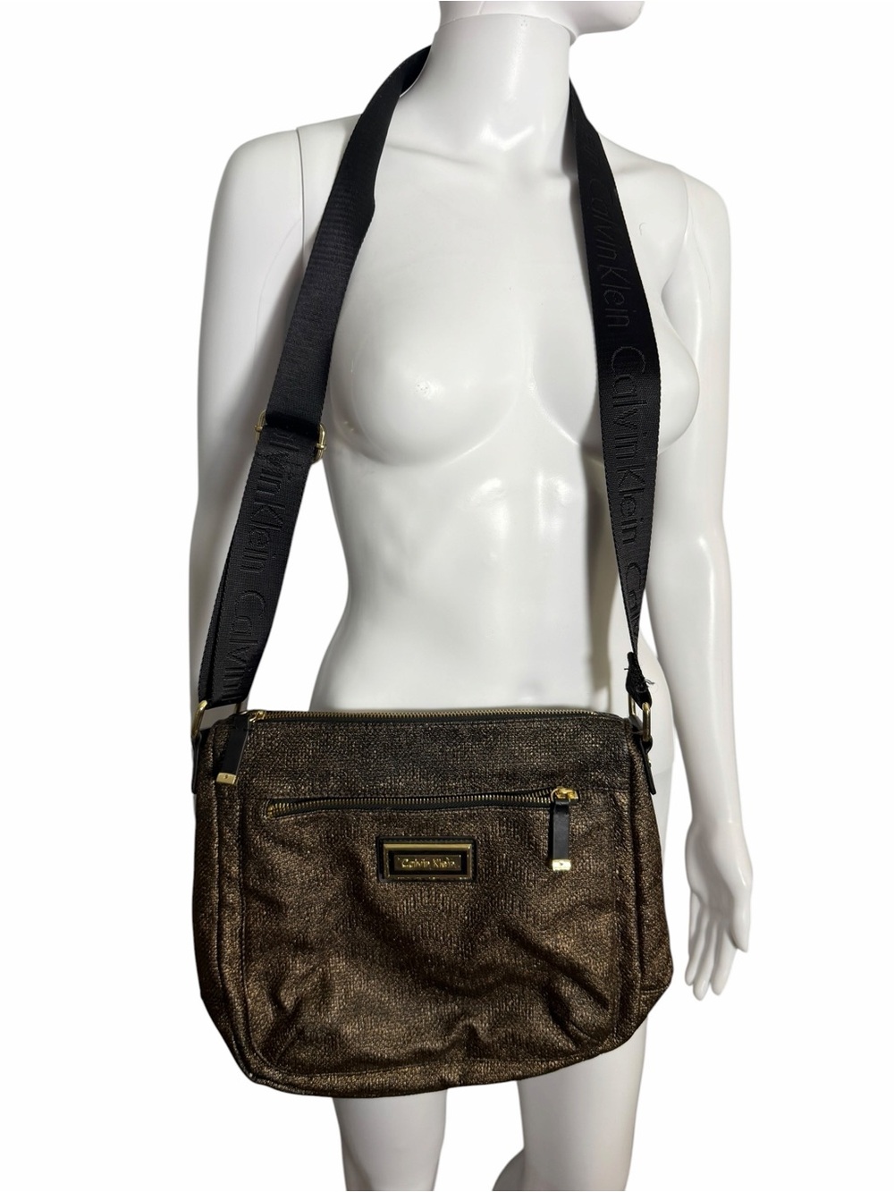 Calvin Klein Metallic Bronze Crossbody Messenger Bag with Black Logo Strap